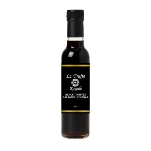 La Truffe Royale 8oz black truffle balsamic vinegar bottle on white background.