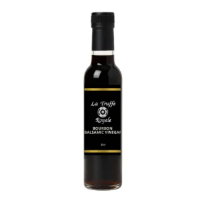 La Truffe Royale bourbon balsamic vinegar bottle on white background.