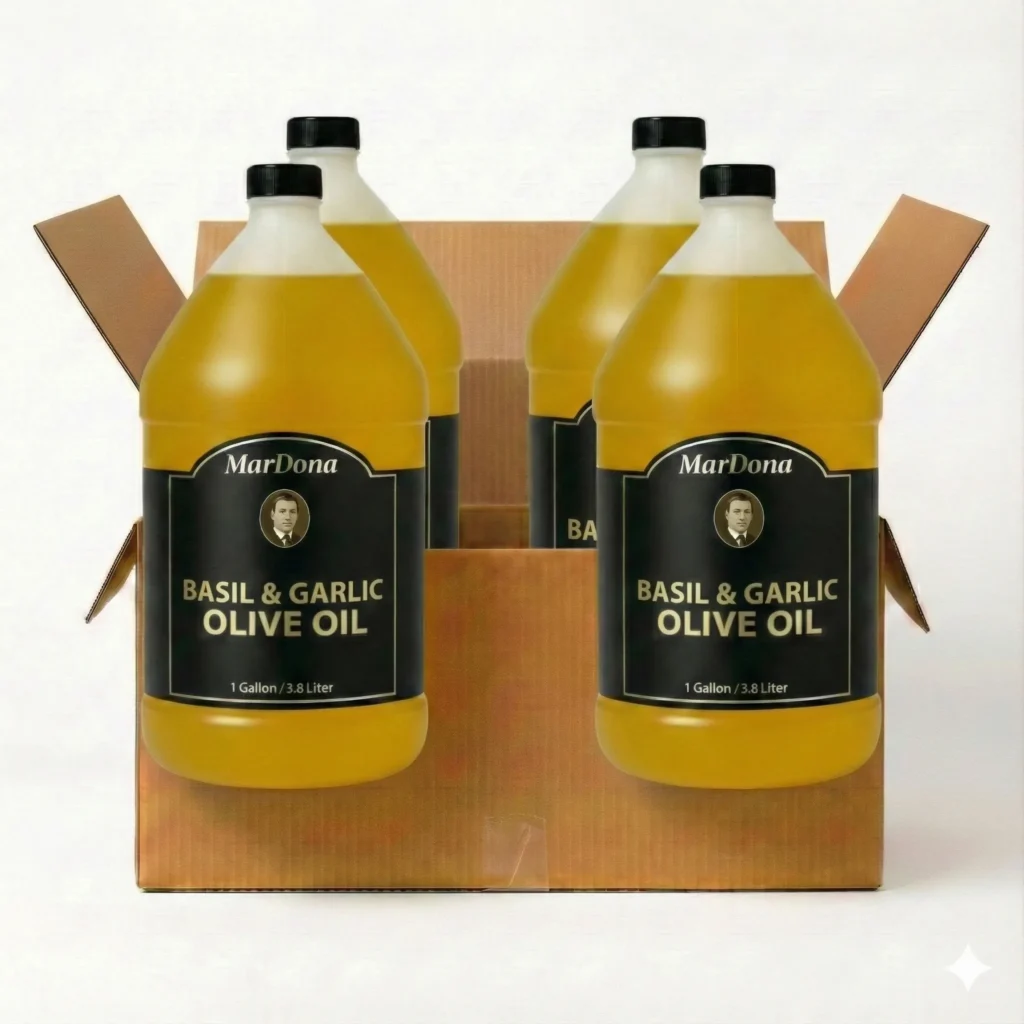 Wholesale case of Mardona Basil Garlic Infused Olive Oil, 1-gallon size.