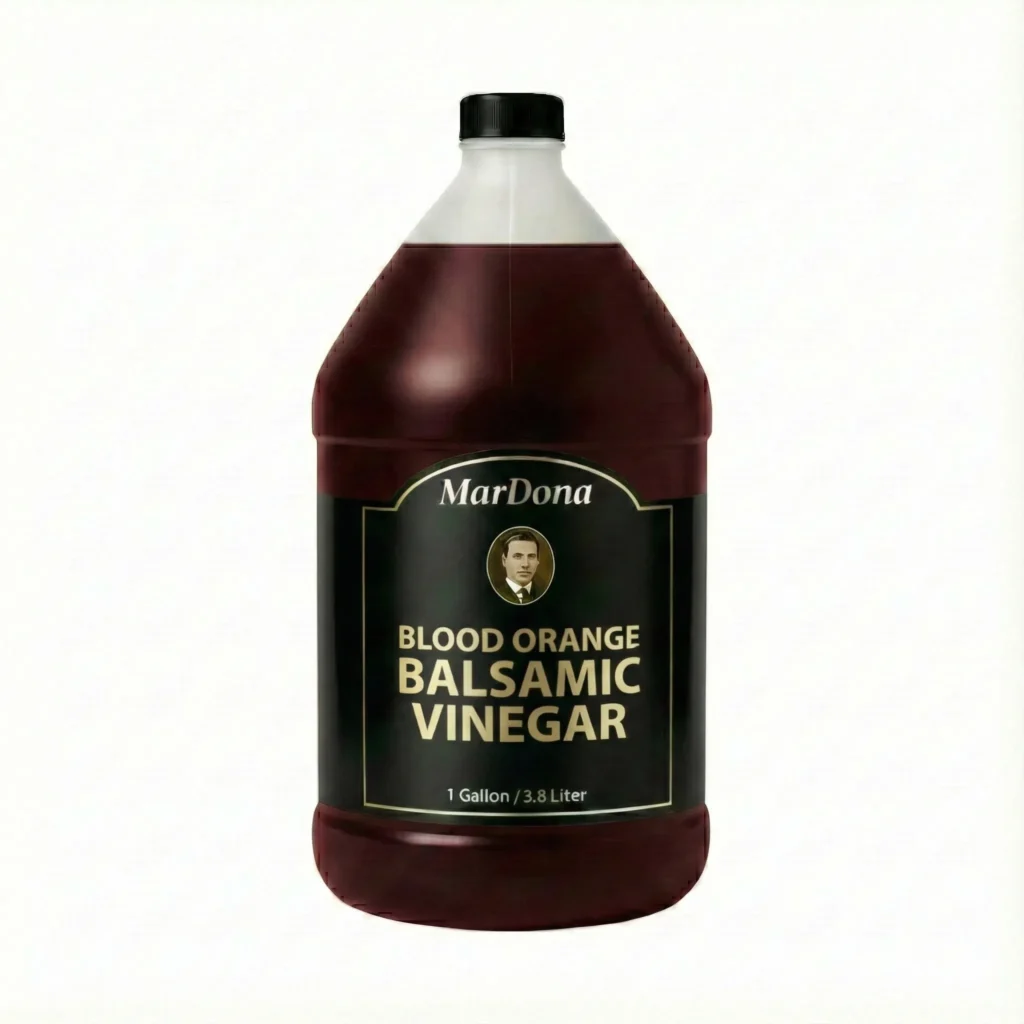 A single 1-gallon (3.8 Liter) plastic jug of MarDona Blood Orange Balsamic Vinegar featuring a dark liquid and a black and gold label.