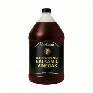 A single 1-gallon (3.8 Liter) plastic jug of MarDona Blood Orange Balsamic Vinegar featuring a dark liquid and a black and gold label.