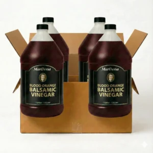 A 4-count wholesale case of 1-gallon MarDona Blood Orange Balsamic Vinegar bottles for retail or commercial use.
