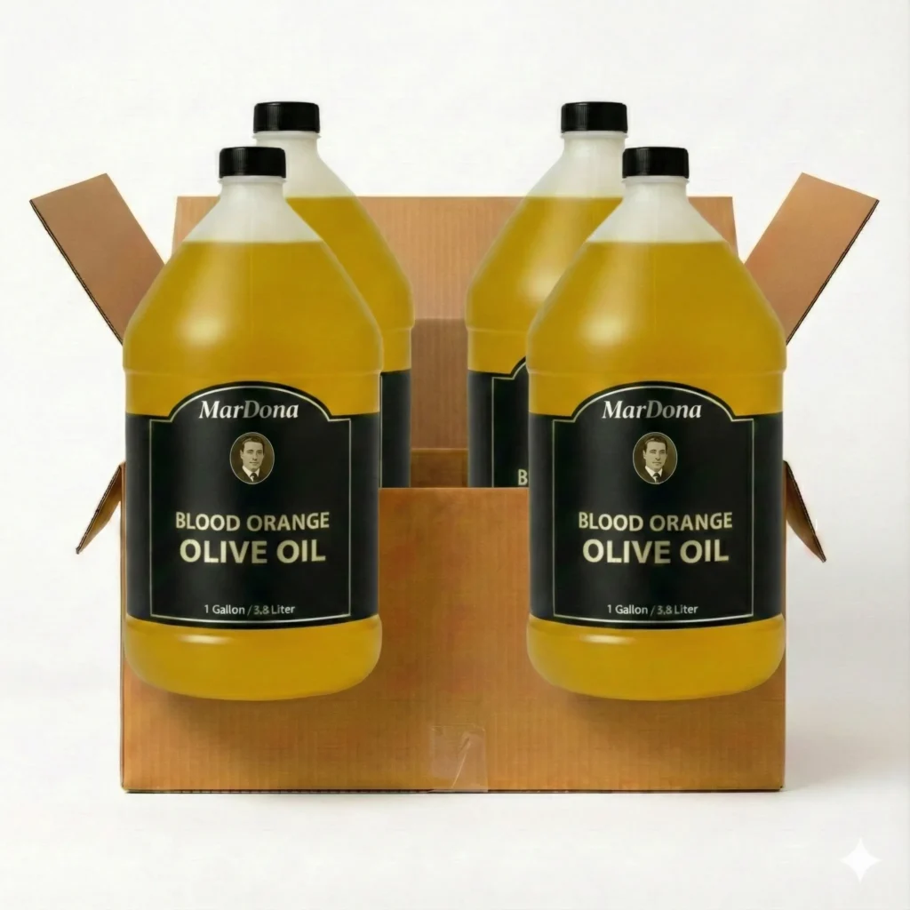 Bulk case of Mardona Blood Orange Infused Olive Oil in 1-gallon jugs.