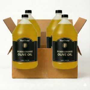 Bulk case of Mardona Blood Orange Infused Olive Oil in 1-gallon jugs.