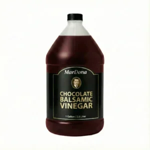 -gallon jug of MarDona Chocolate Balsamic Vinegar featuring a dark liquid and a black label with a vintage portrait.