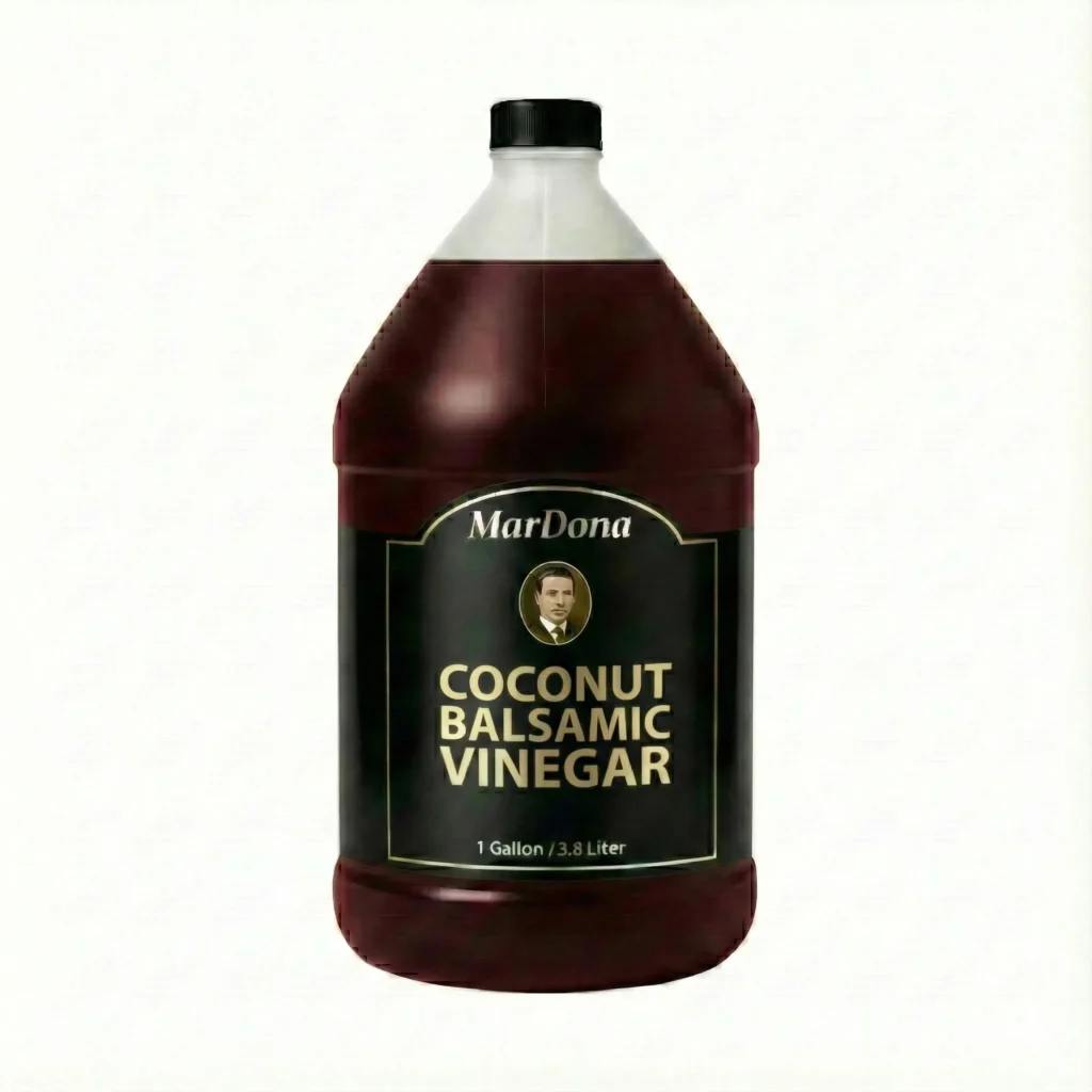 Individual 1-gallon jug of MarDona Coconut Balsamic Vinegar, a fruit-infused balsamic vinegar in a bulk plastic container.
