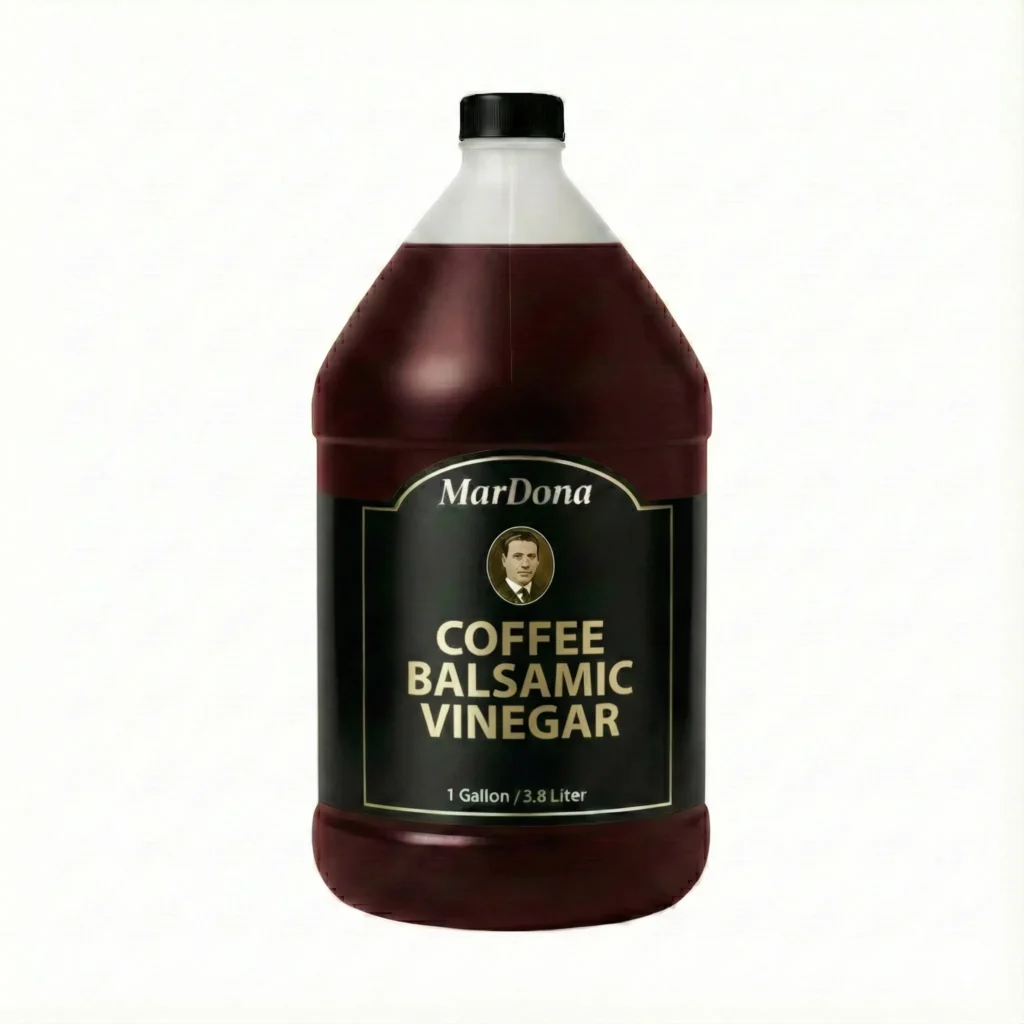 A single 1-gallon (3.8 Liter) plastic jug of MarDona Coffee Balsamic Vinegar featuring a deep, dark liquid and a black and gold label.