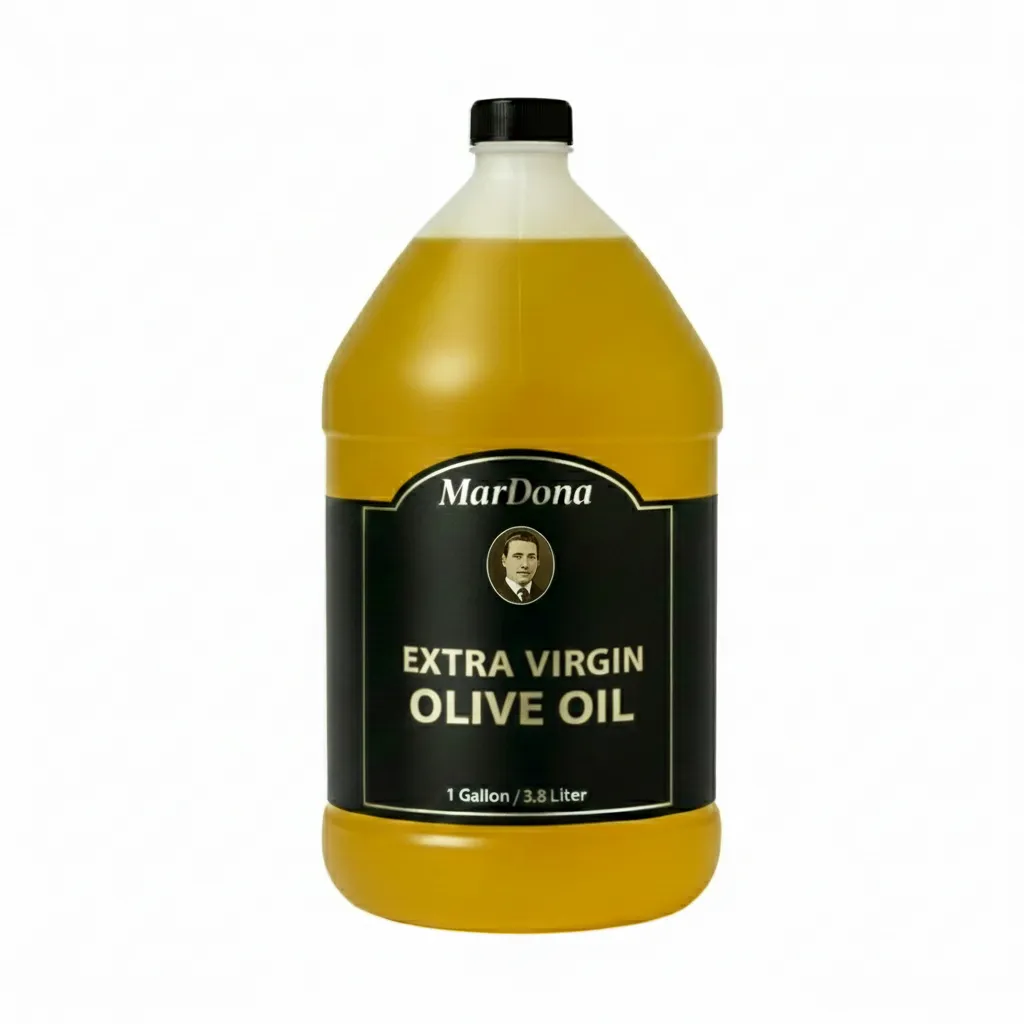 A one-gallon plastic container of Mardona Extra Virgin Olive Oil with a handle for easy pouring.