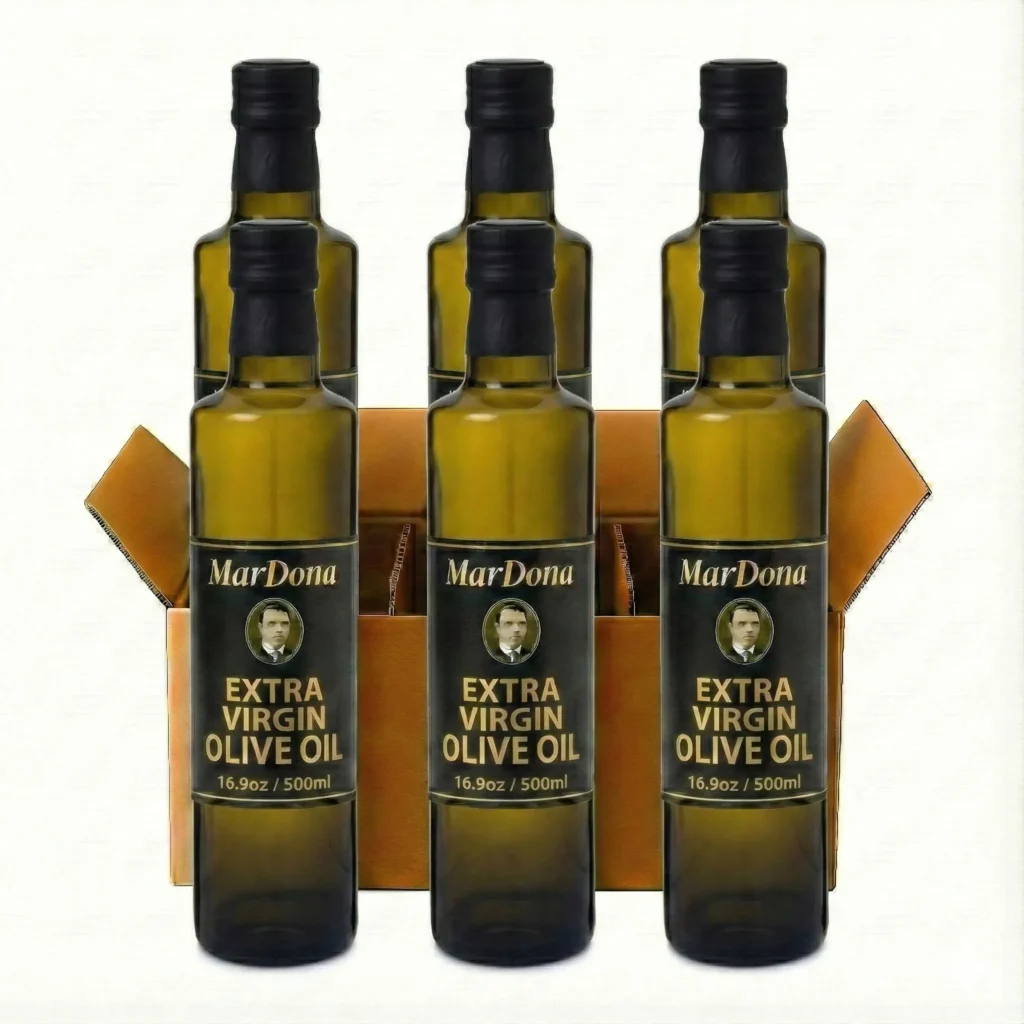 Wholesale case of MarDona 16.9 oz Extra Virgin Olive Oil glass bottles.