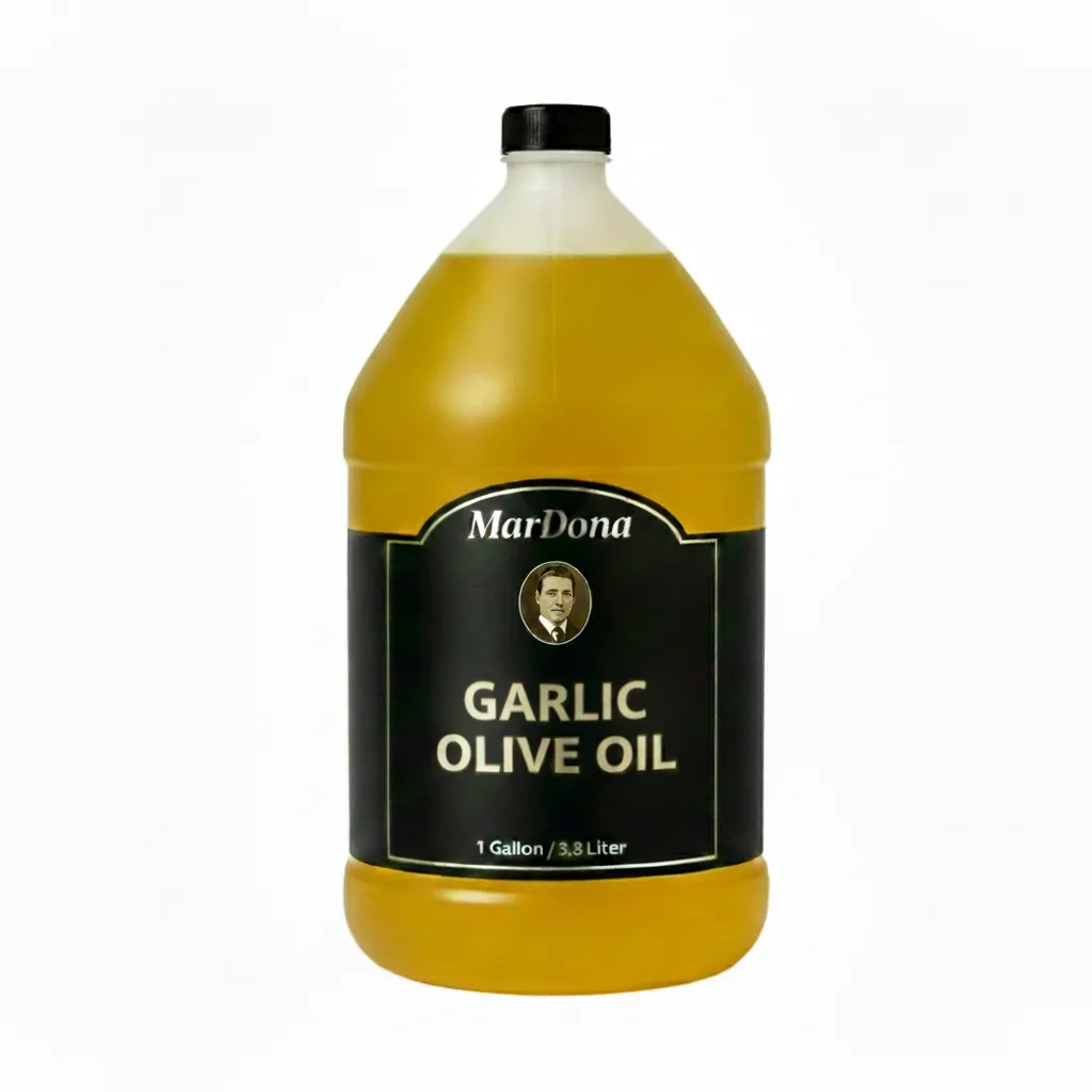 One-gallon jug of Mardona Garlic Infused Olive Oil with a yellow and white product label.