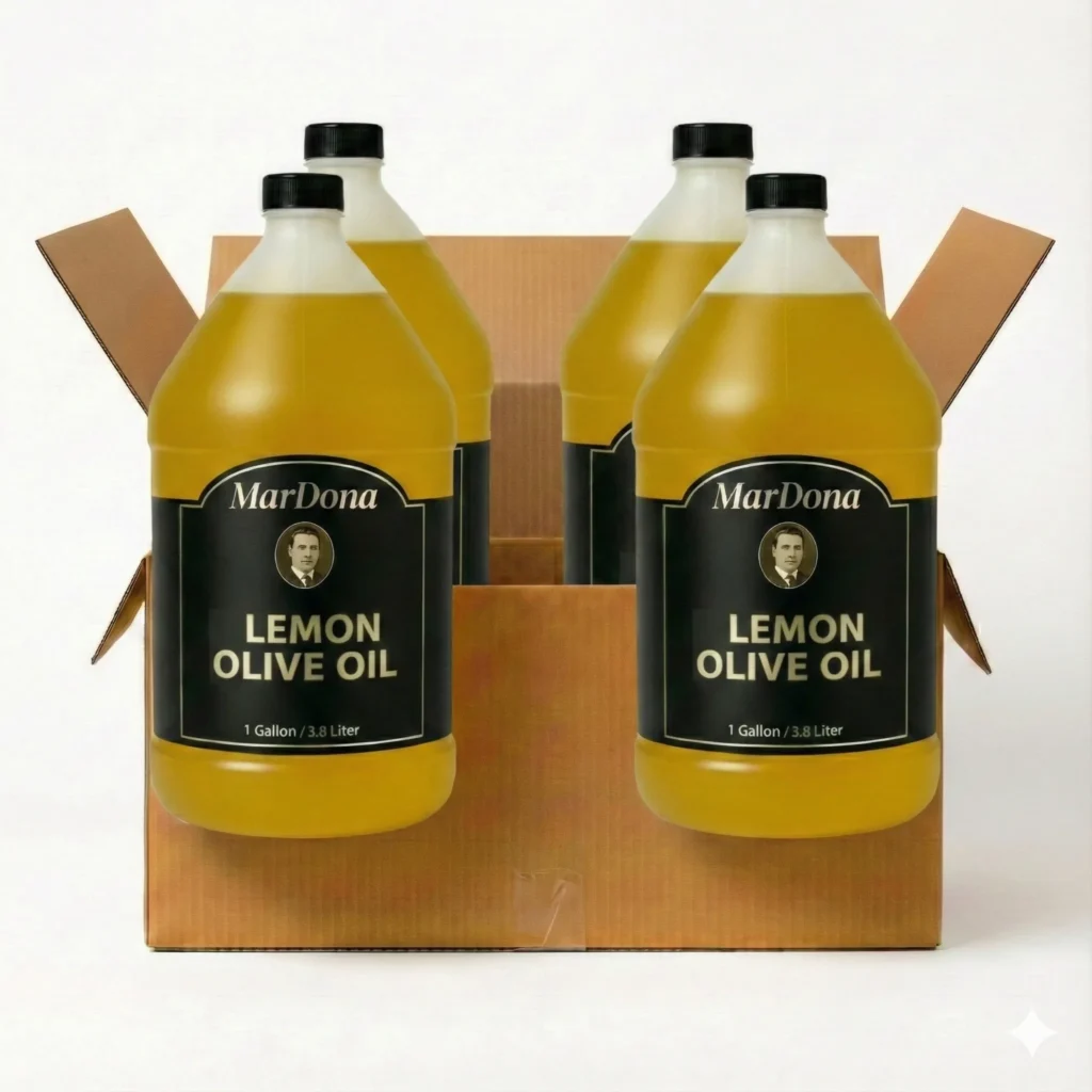 Wholesale case of Mardona Lemon Infused Olive Oil in one-gallon plastic jugs.