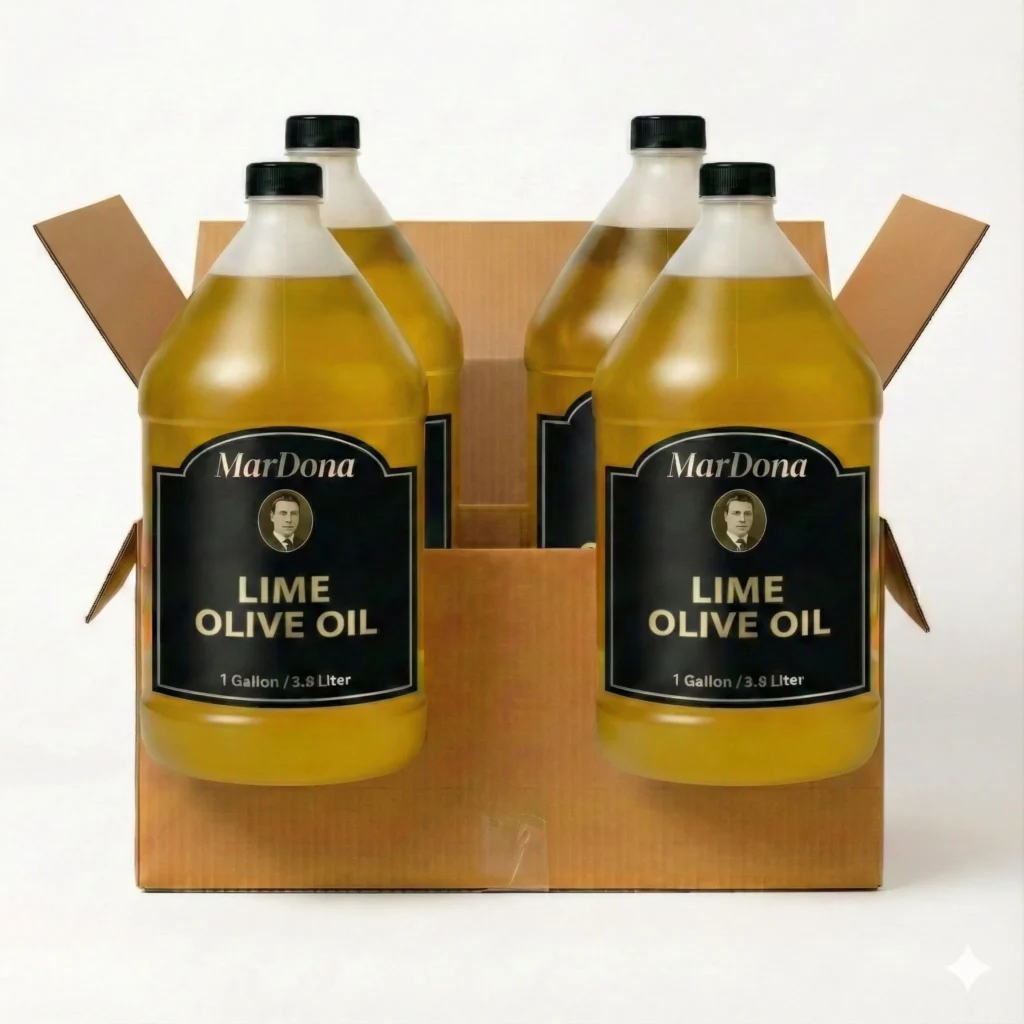 Bulk case of Mardona Lime Infused Olive Oil, 1-gallon size for professional kitchens.
