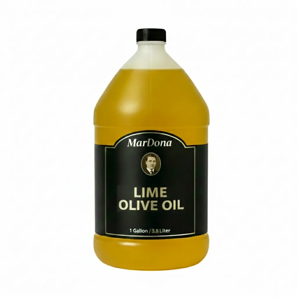A one-gallon jug of Mardona Lime Infused Olive Oil, featuring a bright green label, designed for high-volume culinary use.