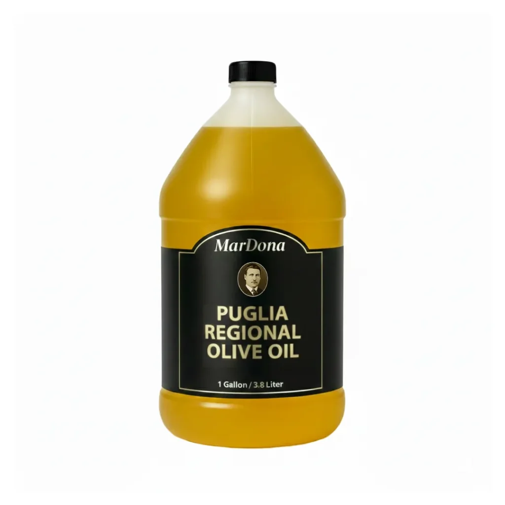 One-gallon jug of Mardona Puglia Regional Extra Virgin Olive Oil, an authentic Italian imported oil.