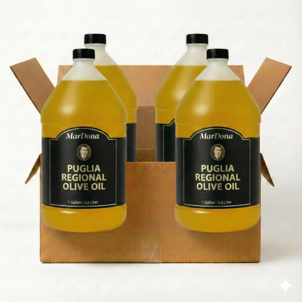 Case of Mardona Puglia Regional Extra Virgin Olive Oil, featuring 1-gallon bulk containers for foodservice.