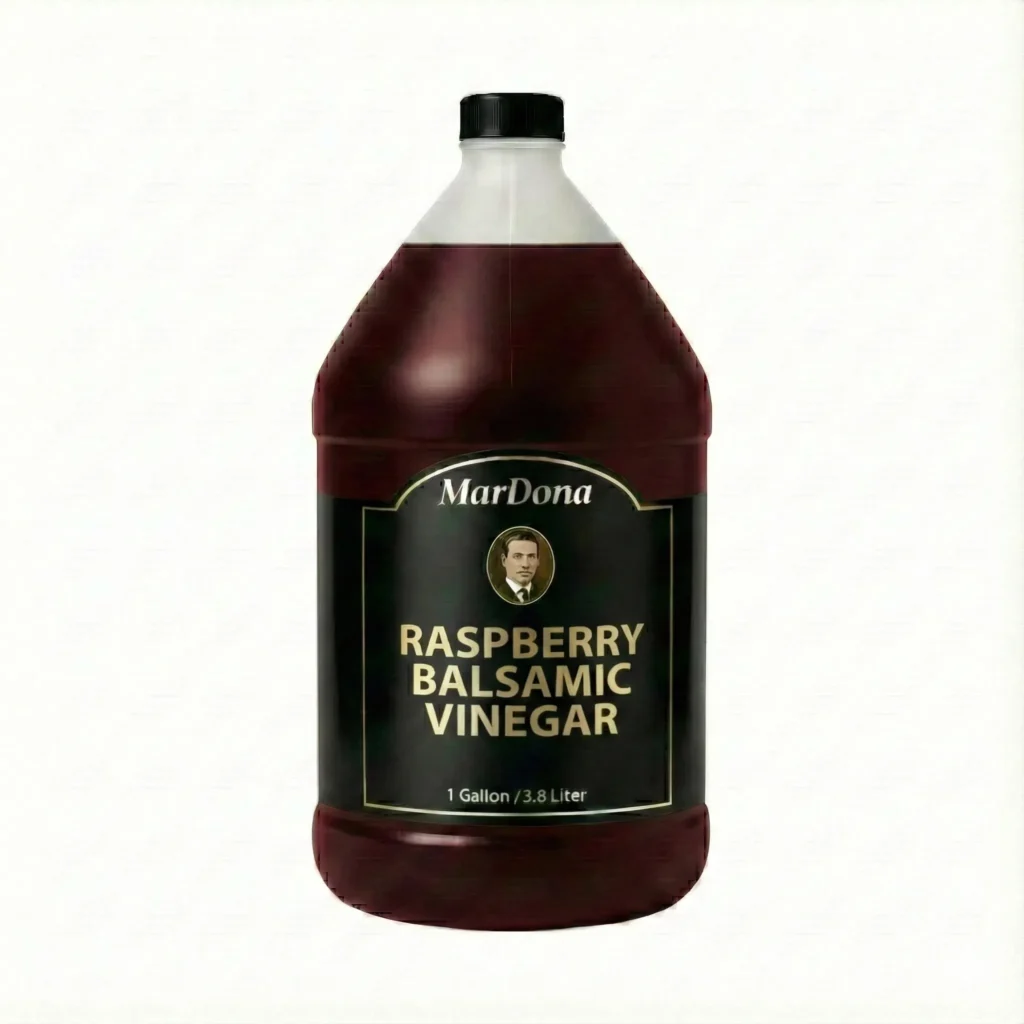 A single 1-gallon (3.8 Liter) plastic jug of MarDona Raspberry Balsamic Vinegar with a black and gold label.