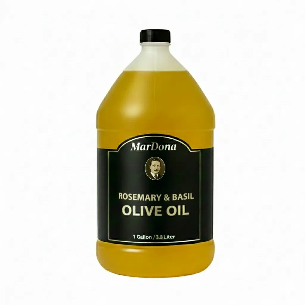 A one-gallon jug of Mardona Rosemary Basil Infused Olive Oil featuring a dual-flavor profile label for bulk cooking and foodservice.